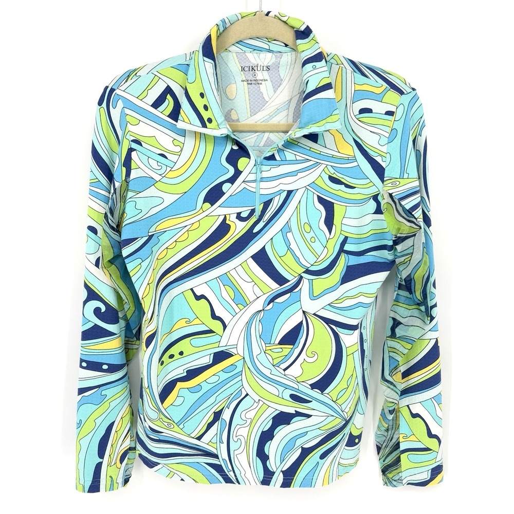 ICIKULS UPF 50+ Shirt Womens M 1/4 Zip Blue Mod Print Mesh Activewear Golf